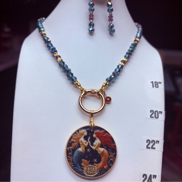 Handmade Jewelry - Artisan Handmade Gold Blue Pisces Mermaid Zodiac Coin Reversible Necklace Set